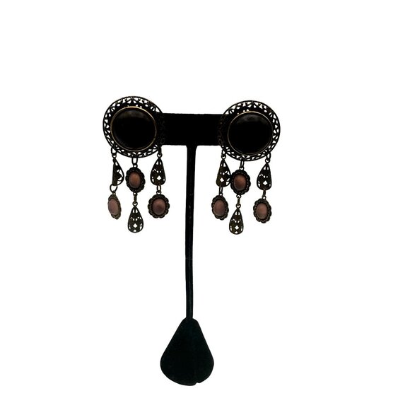 Vintage Bohemian Dangle Earrings Pink Plum Beads Ornate Gold Tone Design - Picture 2 of 6